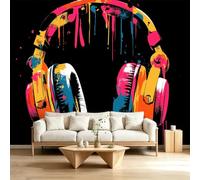 Générique Papier Peint Panoramique 500(L) x 280(H) cm Art Graffiti, Papier Peint Intissé Musique Écouteurs Éclaboussures De Peinture Tapisserie Poster Mural pour Salon Chambre Décoration Murale
