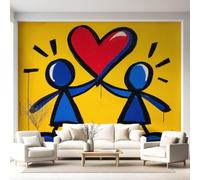 Générique Papier Peint Panoramique Abstrait En forme de cœur Graffiti Poster Mural, Petits bonshommes allumettes Bleu Papier Peint Intissé pour SalonChambre D'Enfant Chambre Bureau Canapé - 450x315cm