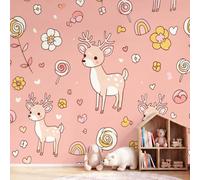 Générique Papier Peint Panoramique Animaux Cartoon Mignon Cerf Fleurs Flore, Poster Mural Géant Intissé, Décoration Murale pour Chambre Coiffeuse Décoration Salon Chambre d'Enfants 150 x 105 cm