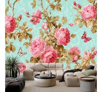Générique Papier Peint Panoramique Animaux Fleurs Roses Papillons Papier Peint Intissé Campagne Française Tapisserie Poster Mural pour Salon Chambre Décoration Murale 250(L) x 175(H) cm
