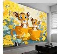 Générique Papier peint panoramique animaux tigre fleurs, photo mural moderne 450L x 280H cm - Papier peint décoration de maison style dessin animé pour salon, chambre, chambre des enfants, bureau