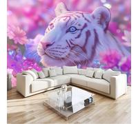 Générique Papier Peint Panoramique Anime Champs De Fleurs Tigre Blanc, Format XXL Murale Pour Fille Garçon Décoration Murale Chambre Enfant Violet 400 x 280 cm Non-tissé, Non auto-adhésif