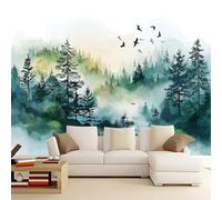 Générique Papier Peint Panoramique Aquarelle Forêt De Pins Oiseaux Paysage, Format XXL Murale Pour Fille Garçon Décoration Murale Chambre Enfant Blanc 300 x 210 cm Non-tissé, Non auto-adhésif
