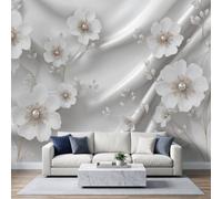 Générique Papier Peint Panoramique Argenté Fleurs Vagues 350 x 256 cm | Papier Peint Intissé Mural Luxe Léger Moderne Plantes 3D pour Salon Canapé TV Fond Décoration, Personnalisable Taille