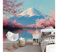 Générique Papier Peint Panoramique Art Montagnes Enneigées Lac Cerisiers En Fleurs, Format XXL Murale Pour Fille Garçon Décoration Murale Chambre Enfant Bleu 150 x 105 cm Non-tissé, Non auto-adhésif