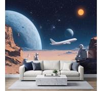 Générique Papier Peint Panoramique Astronaute Avion 450 x 280 cm | Murales Papier Peint Intissé Exploration Spatiale Science-Fiction Roches, Grand Poster Décoration Muraln pour chambre salon