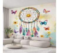 Générique Papier Peint Panoramique Attrape-Rêves, Papier Peint Papillon Fleur Plume Fond pour Chambre Wallpaper, Fresque Murale pour Salon Salle Deco Murale, 396x280cm D&O33