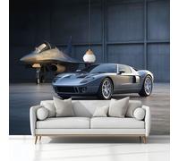Générique Papier Peint Panoramique Avions De Chasse Voitures De Sport Argent, 3D Papier Peint Intissé 150x105 cm Photo Poster Grand Mural Pour Salon Chambre Enfant Chambre Décoration Murale