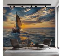 Générique Papier Peint Panoramique Bateau, Papier Peint Nautique Coucher de Soleil Bateau 366 x 254 cm, Photo Décoration Murale, Papiers Peints Intissé Décoration Murale Salon Chambre EL&D66