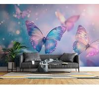 Générique Papier Peint Panoramique Bleu Papillon Intissé Poster Fresque Murale 3D Rêve Décoration Murale Art Wallpaper pour Salon Cuisine Bureau Chambre d'enfant 300x210 cm R-35