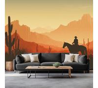 Générique Papier Peint Panoramique Cactus Cow-Boy Du Désert 450 x 315 cm Poster Murale 3D, Coucher De Soleil Rétro Tapisserie Photo Peinture Murale Intissé Fresque pour Salon Chambre Toile Fond TV