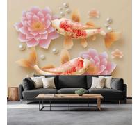 Générique Papier Peint Panoramique Carpe Koï Lotus Perles 200 x 140 cm Poster Murale 3D, Style Chinois Tapisserie Photo Peinture Murale, Papier Peint Intissé Fresque pour Salon Chambre Toile Fond TV