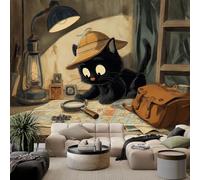 Générique Papier Peint Panoramique Cartoon Détective Noir Chat Loupe, Papier Peint Marron, Fresque Murale Intissée - Décoration Murale Pour Salon Chambre Bureau Restaurant Décor Fond TV- 200 x 140 cm