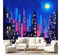 Générique Papier peint panoramique Cartoon, Paysage, Ville Bâtiments, Lune Chambre, Salle à Manger Décoration Murale 350 x 256 cm Pour Salon Chambre Décoration Murale