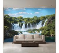 Générique Papier Peint Panoramique Cascade, Papier Peint Paysage Montagne Vert 400 x 280 cm, Photo Décoration Murale, Papiers Peints Intissé Décoration Murale Salon Chambre D37