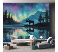 Générique Papier Peint Panoramique Cerf Élan - Papier Peint Aurore Boréale Animaux Sauvages - Deco Chambre Salon - Fresque Murale - Wallpaper - 450x260 cm A-1885
