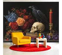 Générique Papier Peint Panoramique, Corbeau Fleurs 400 x 280 cm 3D Poster Geant Mural - Halloween Squelette Crâne Papier Peint pour Salon, Adulte Chambre d'enfants et Étude Restaurant Décoration