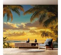 Générique Papier Peint Panoramique Coucher de Soleil Mer 150x105, Tapisserie Murales Papier Peint Palmiers Tropical Décoration Murale Salon, Intissé Wallpaper W12