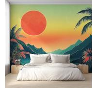 Générique Papier Peint Panoramique Coucher de Soleil Montagne, Papier Peint Palmier Paysage Fond pour Chambre Wallpaper, Fresque Murale pour Salon Salle Deco Murale, 200x140cm D&O32