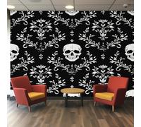 Générique Papier Peint Panoramique Crâne Damassé - Papier Peint Baroque Gothique - Deco Chambre Salon - Fresque Murale - Wallpaper - 350x256 cm A-2710