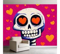 Générique Papier Peint Panoramique Crâne De Dessin Animé Cœurs 200 x 140 cm Murale, Pop Art Papier Peint Intissé Photo pour Chambre D’Adolescent Branchée Décoration Murale