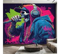 Générique Papier Peint Panoramique Crâne Graffiti, Papier Peint Musique Tête de Mort Fond pour Chambre Wallpaper, Fresque Murale pour Salon Salle Deco Murale, 300x210cm D&O151
