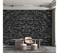 Générique Papier Peint Panoramique Damas Noir, Papier Peint Baroque Relief 3D pour Chambre, Décoration Murale pour Salon, 350 x 256 cm (L x H) Poster Mural & Wallpaper K-MZ&26