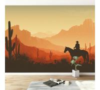Générique Papier peint panoramique Désert Cow Boy Animaux Chevaux Montagnes, Poster mural Sud Ouest papier peinture murale 450L x 315H cm pour salon chambre chambre d'enfants restaurant décoration