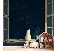 Générique Papier Peint Panoramique Dessin Animé Animal 350 x 256 cm, Poster Géant Mural Papier Peint Intissé, Décoration Fresque Murale Salon Chambre à Coucher Chambre d'Enfants Fenêtre Chat Lanterne