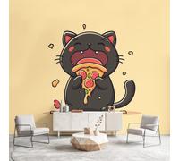 Générique Papier Peint Panoramique Dessin Animé Animal Poster Mural, Chat Pizza Pêche Papier Peint Intissé Salon Chambre d'Enfant Chambre Canapé TV Fond Décoration - 300 x 210 cm