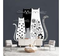 Générique Papier Peint Panoramique Dessin Animé Animal Poster Mural, Chats Pois Fleurs Gris Anthracite Papier Peint Intissé Salon Chambre d'Enfant Chambre Canapé TV Fond Décoration - 350 x 256 cm