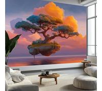 Générique Papier Peint Panoramique Dessin Animé Ciel Île Arbres Papier Peint Fresque Mural Intissée Décoration Murale pour Salon Chambre Non-tissées Murale, 400 x 280 cm Tapisserie Murales Jaune