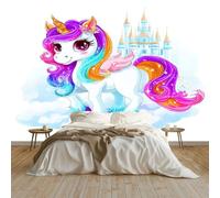 Générique Papier Peint Panoramique Dessin Animé Licorne Conte De Fées Animaux Mignons 300 x 210 cm, Tapisserie Murales Papier Peint - Décoration Murale pour Salon Couloir Intissé Wallpaper Blanc
