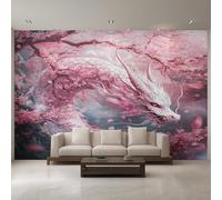 Générique Papier Peint Panoramique Dragon Japonais, Papier Peint Fleurs de Cerisier Rose Fond pour Chambre Wallpaper, Fresque Murale pour Salon Salle Deco Murale, 200x140cm D&O46