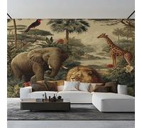 Générique Papier Peint Panoramique Éléphant Lion Girafe, Papier Peint Palmier Animaux Sauvages 450 x 260 cm, Photo Décoration Murale, Papiers Peints Intissé Décoration Murale Salon Chambre PZ&D43
