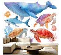 Générique Papier Peint Panoramique Enfantin Créatures Marines 350 x 256 cm Papier Peint Intissé Mural, Baleine Bleue Tortue De Mer Algues Geant Mural, pour Salon restaurant Décoration Murale
