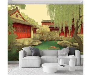 Générique Papier Peint Panoramique Étang De Rocallle Carpes Koï 250 x 175 cm Papier Peint Photo Intissé, Cour Chinoise Fresque Murale Décoration, pour Suite Chinoise Salle De Thé
