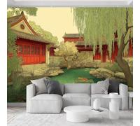 Générique Papier Peint Panoramique Étang De Rocallle Carpes Koï 350 x 256 cm Papier Peint Photo, Cour Chinoise Muraux Photo Moderne - Tissu non tissé Tapisserie pour Suite Chinoise Salle De Thé