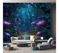 Générique Papier Peint Panoramique Fantasy Forêt - Papier Peint Fleurs Violet Luciole - Deco Chambre Salon - Fresque Murale - Wallpaper - 450x315 cm A-2482