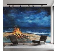 Générique Papier Peint Panoramique Feu de Camp Plage, Papier Peint Scène Nocturne Aquarelle Fond pour Chambre Wallpaper, Fresque Murale pour Salon Salle Deco Murale, 152x104cm D&O105