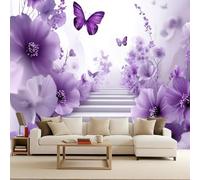 Générique Papier Peint Panoramique Fleurie, Décoration Murale Fleurs Violettes, Illusion Optique 3D Fresque Murale Art Mural Décoratif Moderne Salon Chambre Enfant Facile À Installer 200X140cm