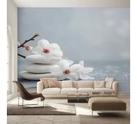 Générique Papier Peint Panoramique Fleurs de Cerisier, Papier Peint Zen Stone Fond pour Chambre Wallpaper, Fresque Murale pour Salon Salle Deco Murale, 366x254cm D&O157