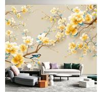 Générique Papier Peint Panoramique Fleurs Orientales - Branche Prunier Petits Oiseaux Mural pour Salon Chambre d'Enfant Couloir TV Fond Restaurant Décoration Murale Intissé 250 x 175 cm