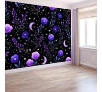 Générique Papier Peint Panoramique Fleurs Plantes Lune 350 X 256 Cm, Décoration Murale Fantaisie Nuit Noire Pour Salon Chambre À Coucher, Violettapisserie Murales Papier Peint Intissé