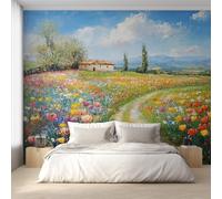 Générique Papier Peint Panoramique Fleurs Sauvages, Papier Peint Route de Campagne Peinture à l'huile Fond pour Chambre Wallpaper, Fresque Murale pour Salon Salle Deco Murale, 450x315cm D&O83