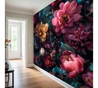 Générique Papier Peint Panoramique Fleurs Sombre, 150x105 cm | Papier Peint Pivoines Roses - Deco Chambre Salon - Fresque Murale - Wallpaper B1817