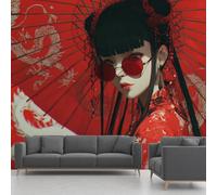 Générique Papier Peint Panoramique Geisha Japonaise, Papier Peint Intissé Dragon Style Chinois, Fresque Murale - Décoration Murale Pour Salon, Chambre, Bureau - 300 x 210 cm(non adhésif)