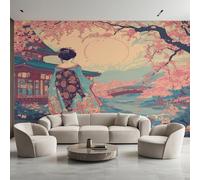 Générique Papier Peint Panoramique Geisha Japonaise, Papier Peint Japonais Fleurs de Cerisier 310 x 250 cm, Photo Décoration Murale, Papiers Peints Intissé Décoration Murale Salon Chambre EL&D55