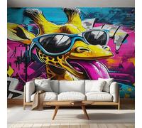 Générique Papier Peint Panoramique Girafe Graffiti, Papier Peint Animaux Street Art Fond pour Chambre wallpaper, Fresque Murale pour Salon Salle Deco Murale, 450x315cm D&O16