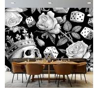 Générique Papier Peint Panoramique Gothique Crâne Rose Dés, 350 x 256 cm Papier Peint Intissé Mural, Poster Geant Mural 3D - Noir Blanc pour Salon Chambre D'enfants Personnalisé Décoration Murale